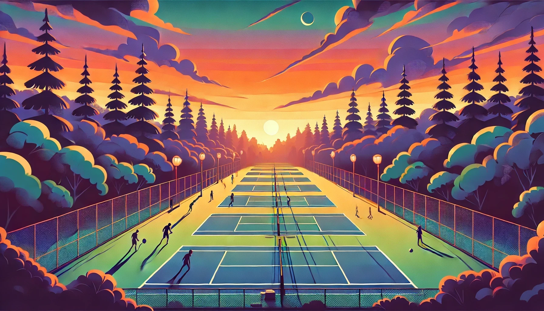 Artistic illustration of tennis courts at sunset